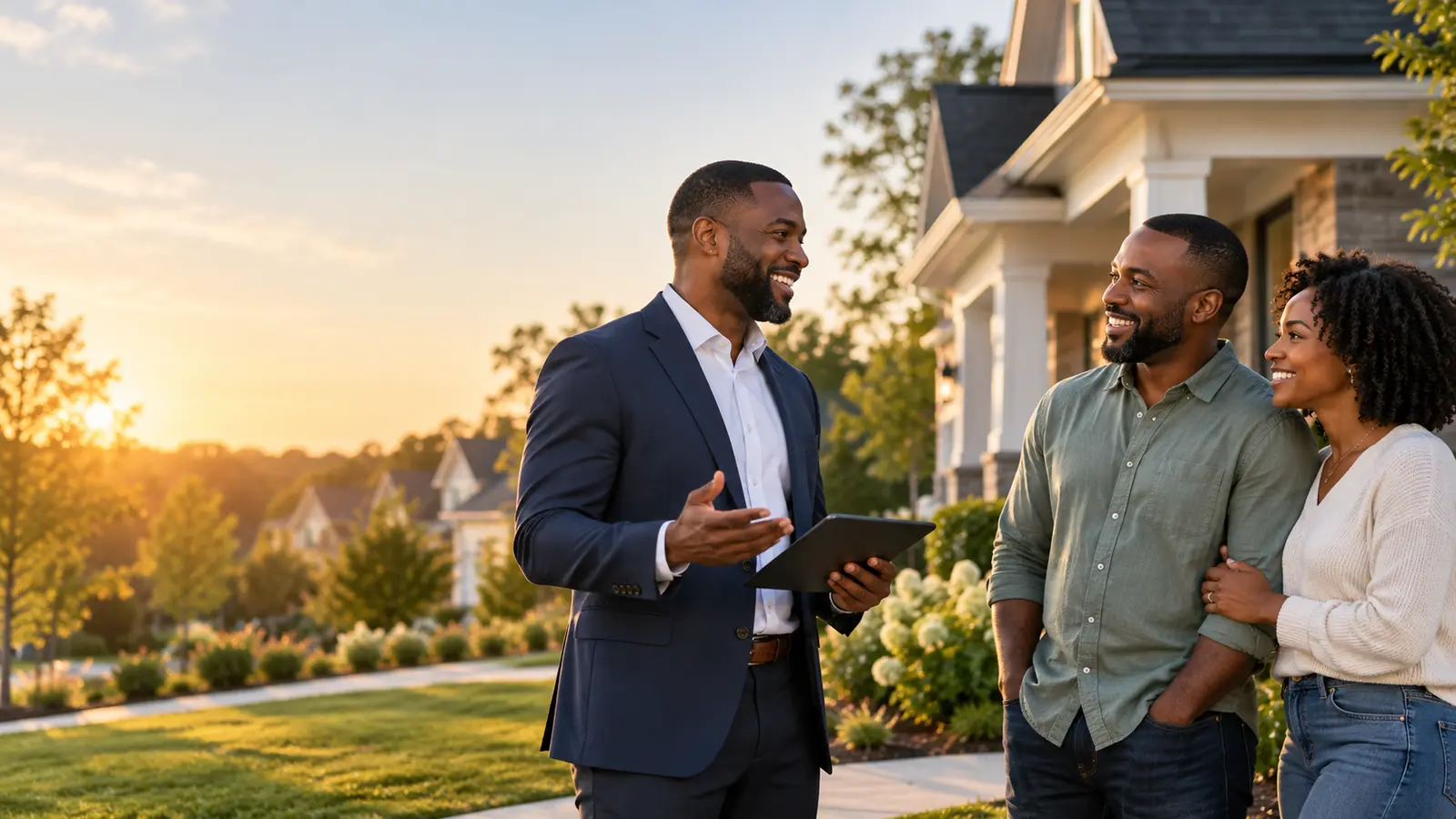A homeowner couple talking with a buyer outside their home
