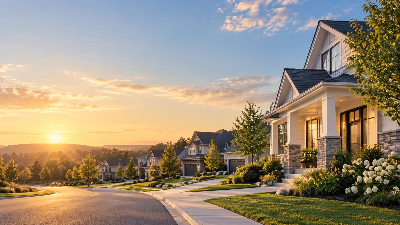 A quiet residential street at sunset